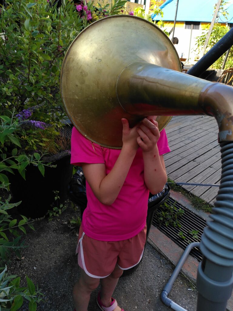 A l'extérieur, proche d'une terrasse en bois et devant un buisson de fleurs roses et violettes, une petite fille habillée de rose cache sa tête dans un pavillon de gramophone relié à des tubes PVC.